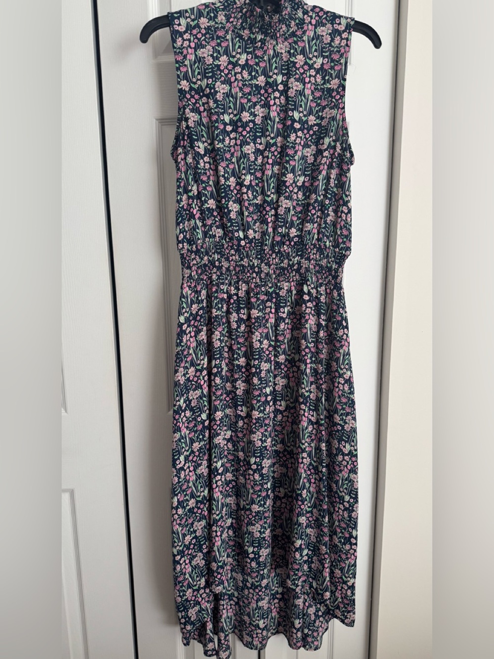 Nannette Navy Floral Sleeveless Smocked Midi Dress with Pink and Green Flowers